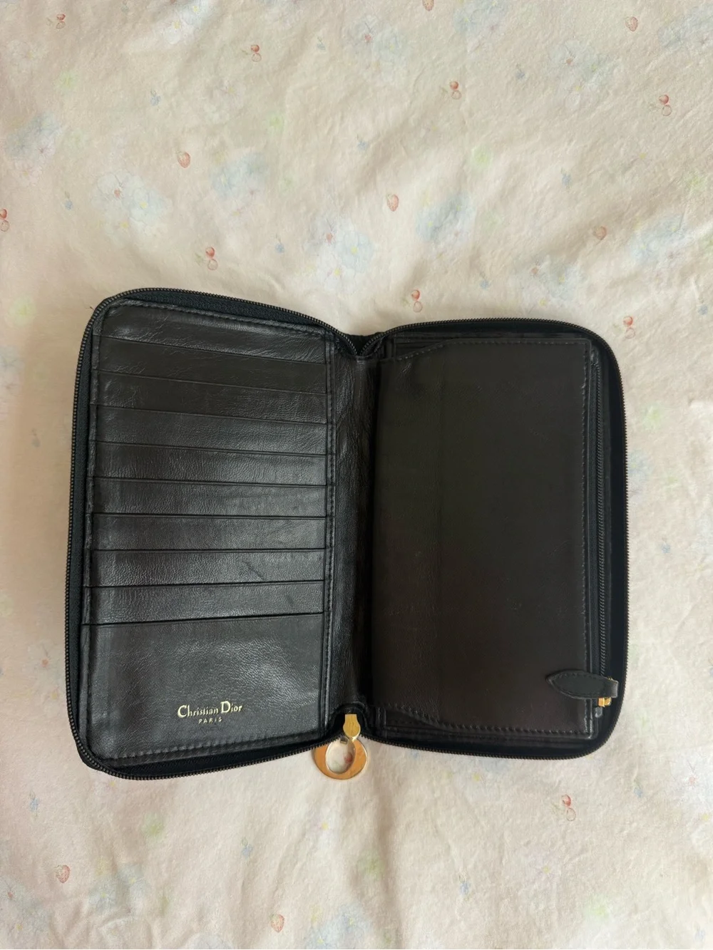 Dior Black Quilted Zip Wallet with Gold Ring Pull